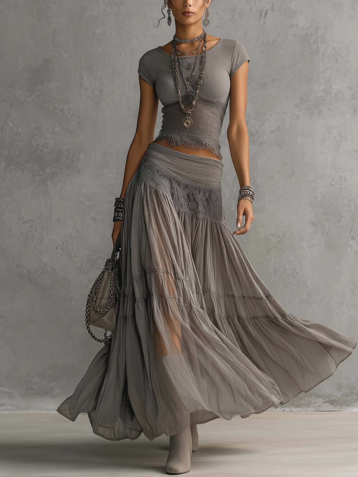 Sheer Grey Lace Top and Pleated Maxi Skirt Set