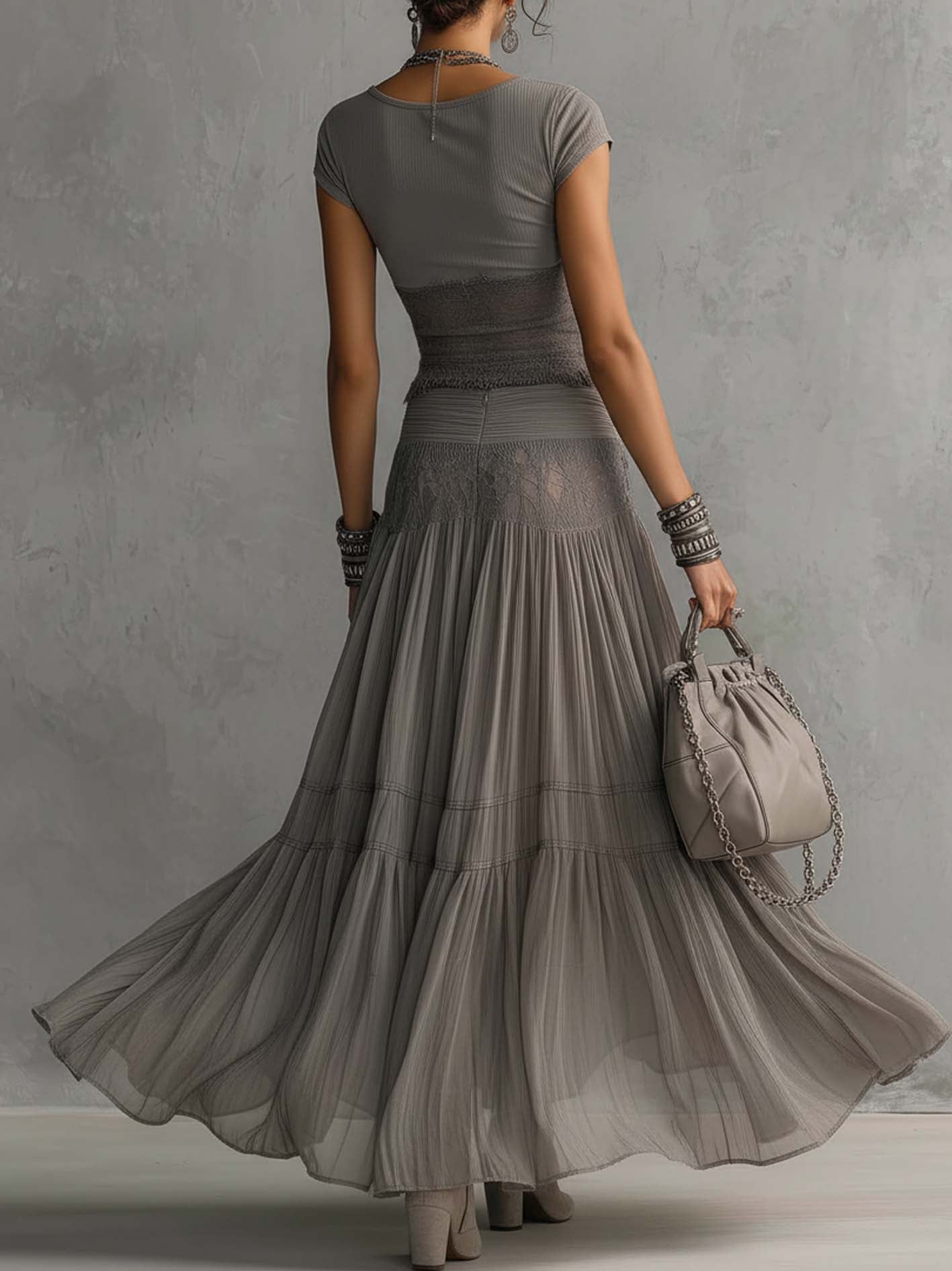 Sheer Grey Lace Top and Pleated Maxi Skirt Set