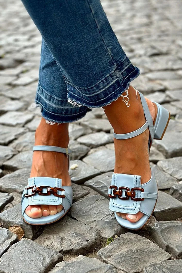 Zena - Blue Low Heels with Metal Chain Detail