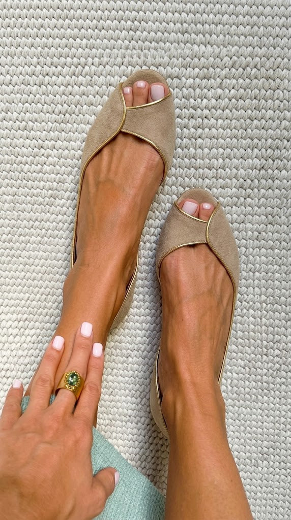 Pene - Beige and Gold Suede Open-Toe Flats