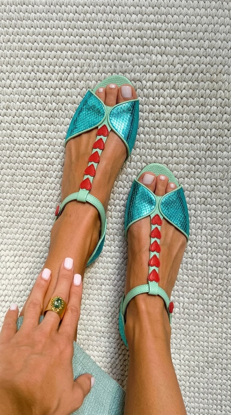 Iza - Petrol Blue & Red Low Peep-Toe Sandals