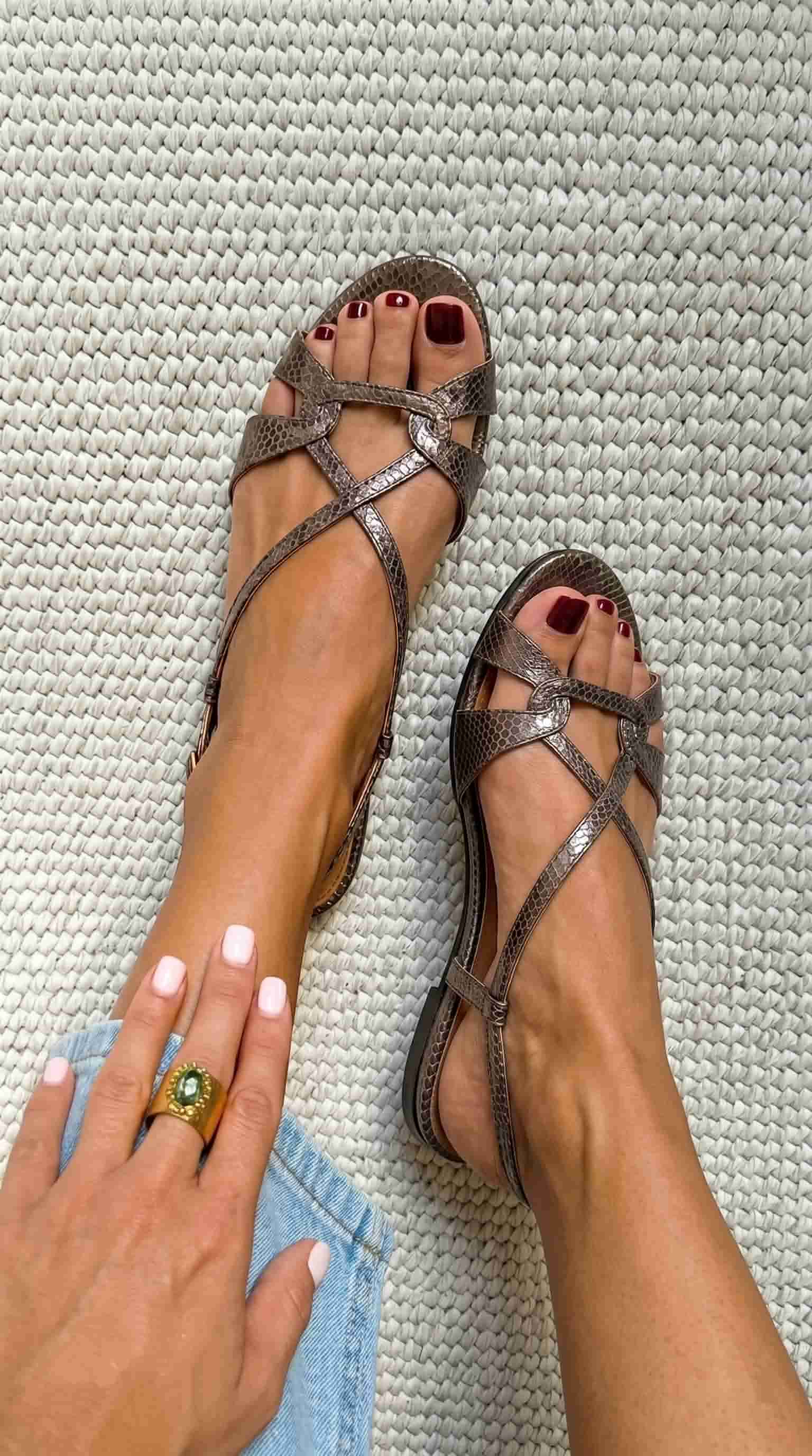 Geela - Bronze Snake-Effect Open-Toe Slingback Flat Sandals
