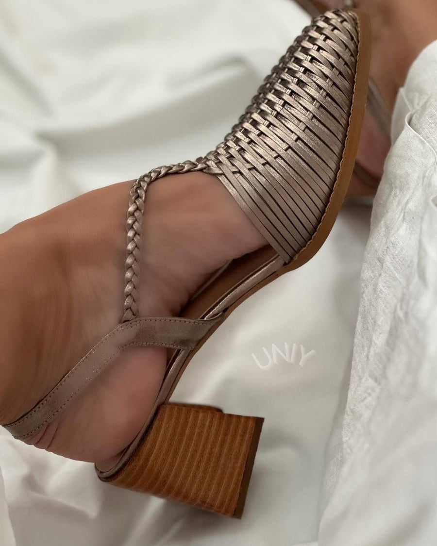 Kaye - Champagne Metallic Woven Block Heels