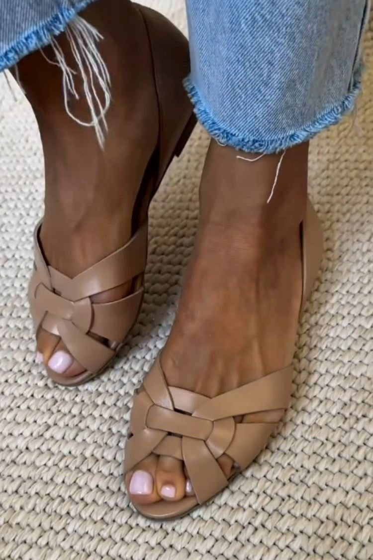 Quen - Woven Faux Leather Peep-Toe Flats