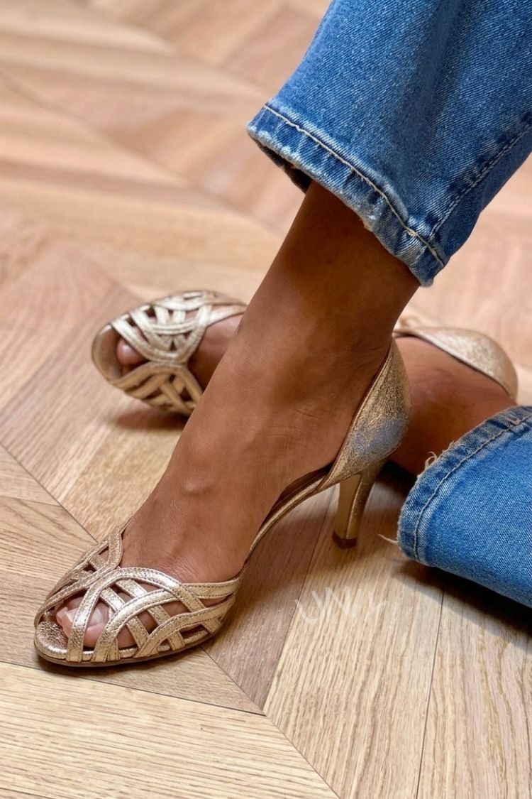 Tessa - Metallic Gold Peep-Toe Mid Heels