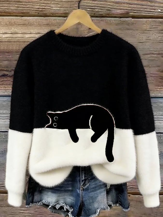Aileen™ | Elegant Cat Print Oversized Sweater | Black