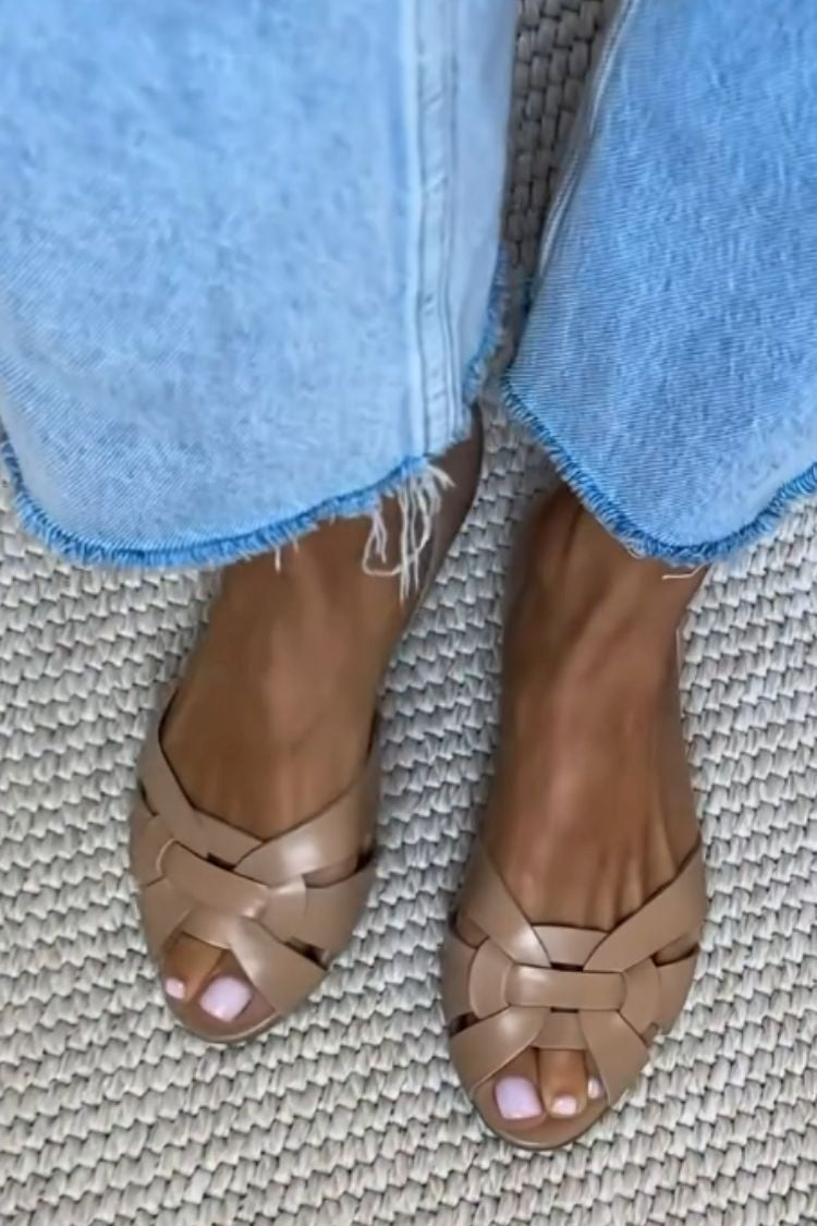 Quen - Woven Faux Leather Peep-Toe Flats