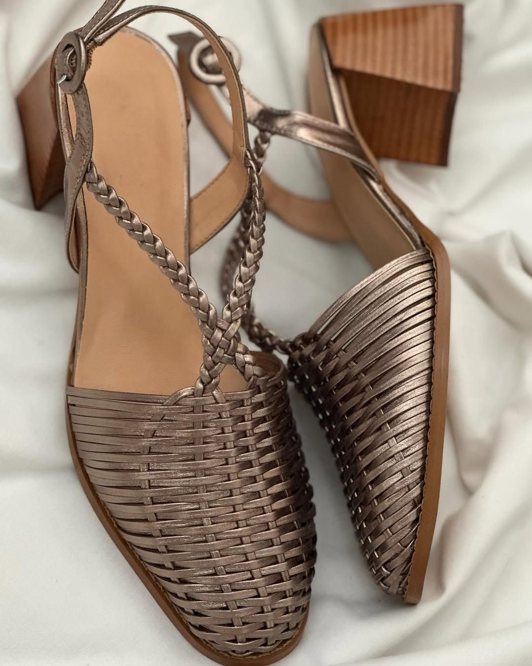 Kaye - Champagne Metallic Woven Block Heels