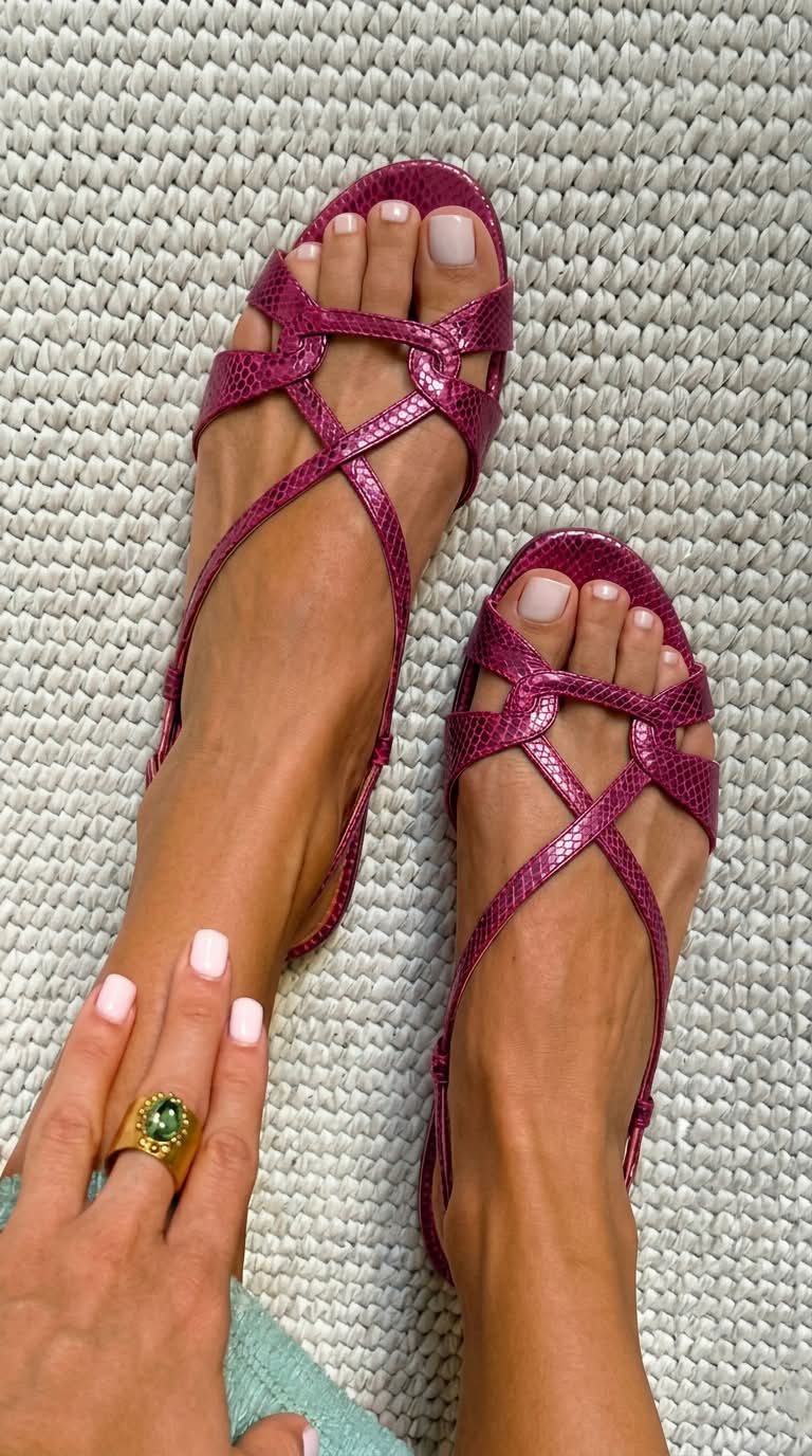 Geela - Bronze Snake-Effect Open-Toe Slingback Flat Sandals