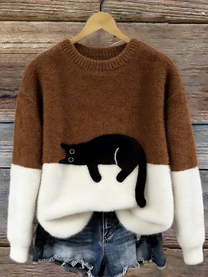 Aileen™ | Elegant Cat Print Oversized Sweater | Brown
