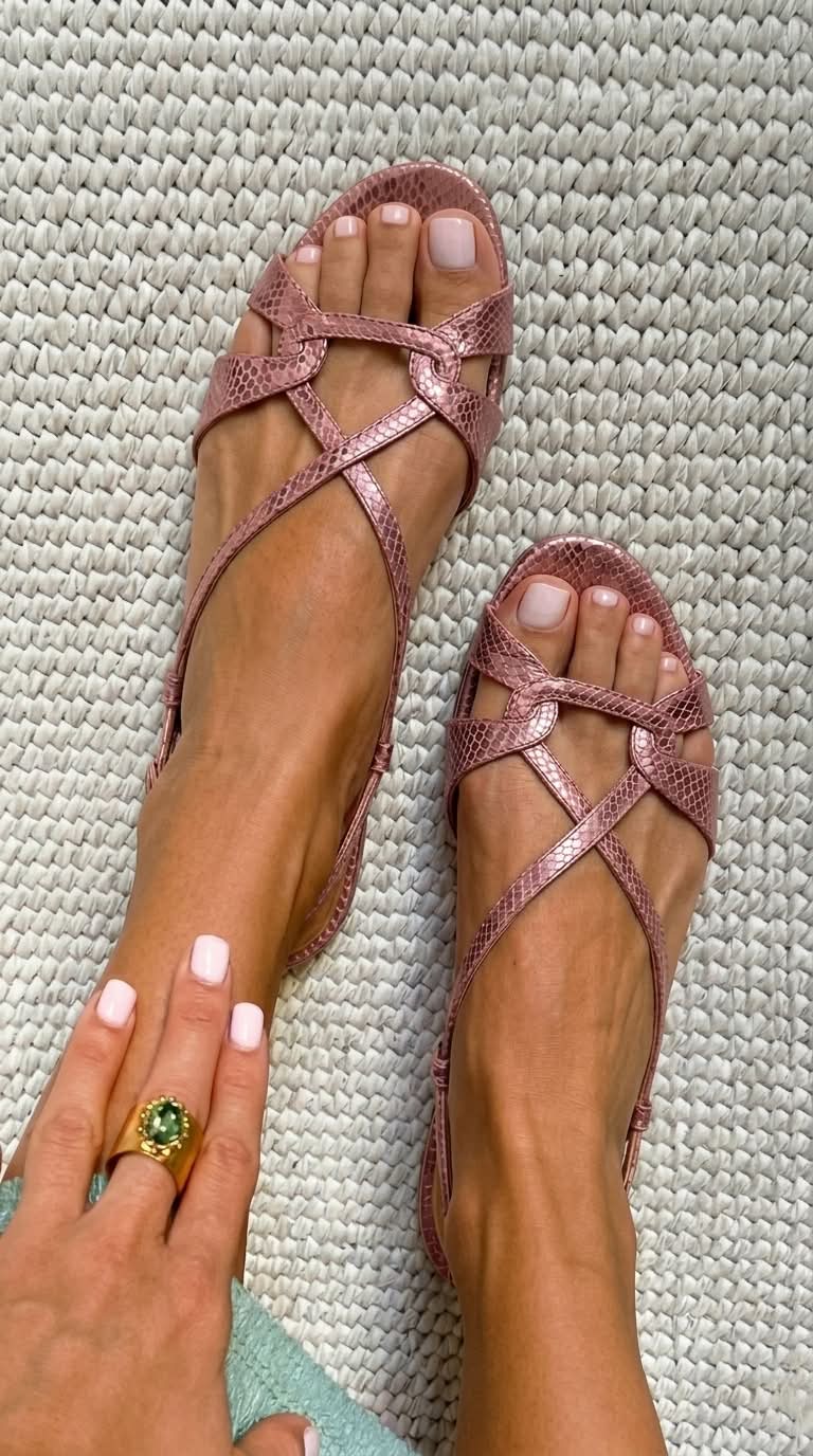 Geela - Bronze Snake-Effect Open-Toe Slingback Flat Sandals