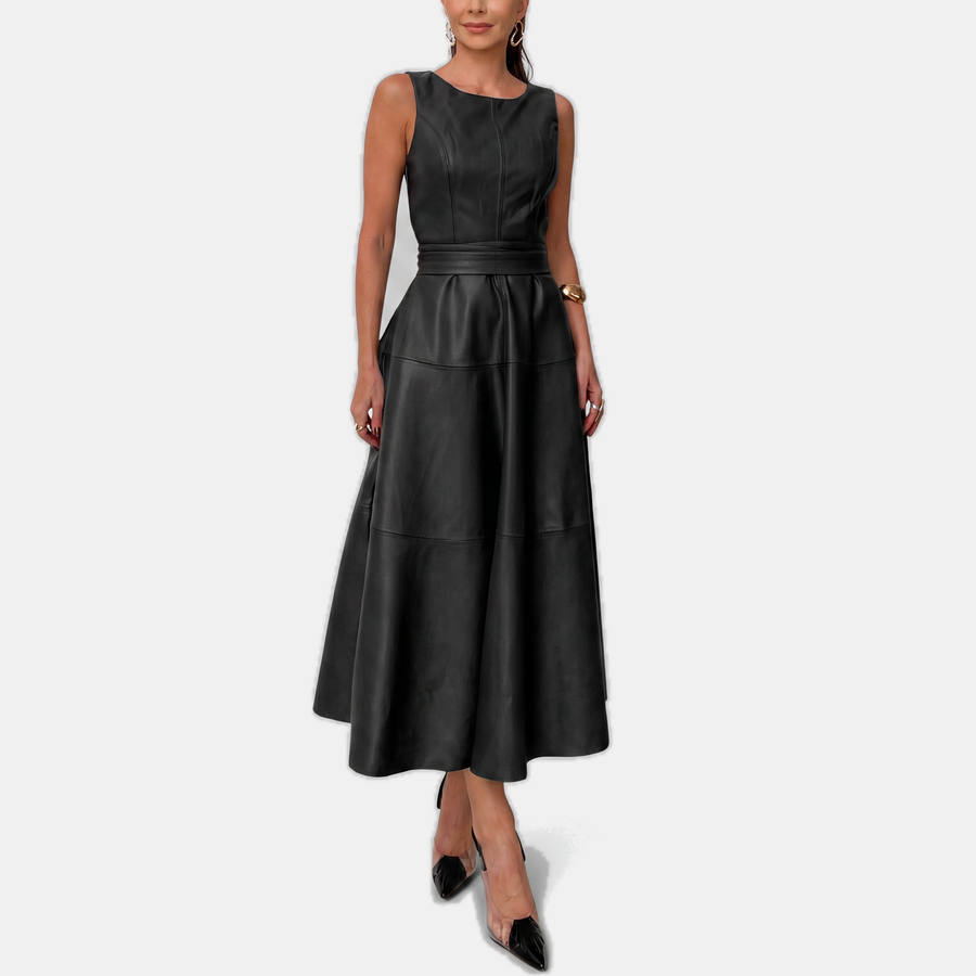 Odile | Faux Leather Belted A-Line Midi Dress