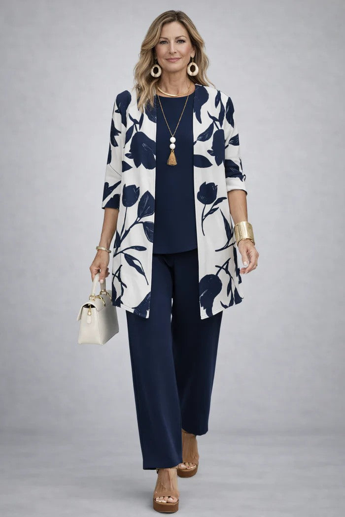 Carmen™ | Elegant 3-Piece Set with Long Cardigan and Trousers | Blue