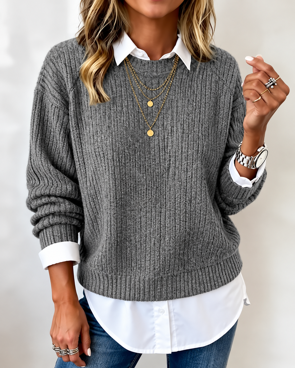 Laluna | Shirt Collar Patchwork Sweater