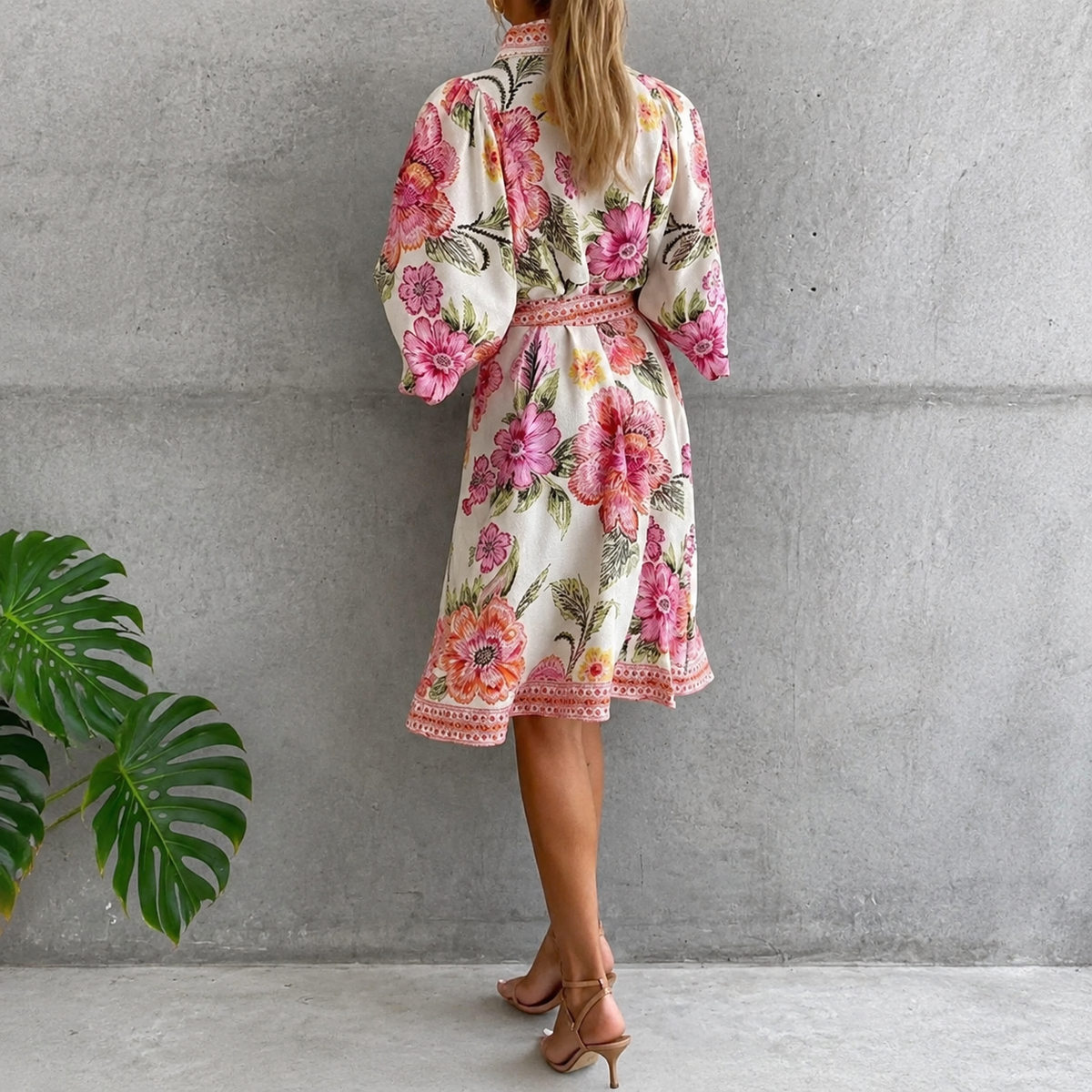 Lantern Sleeve Notched Collar Printed Dress
