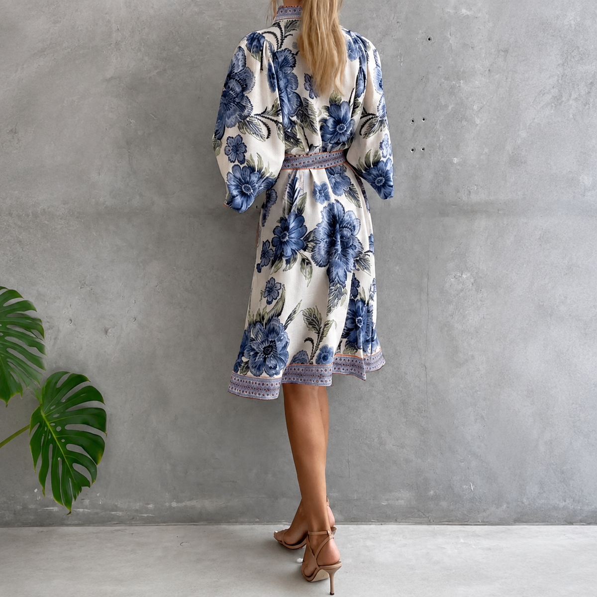Lantern Sleeve Notched Collar Printed Dress