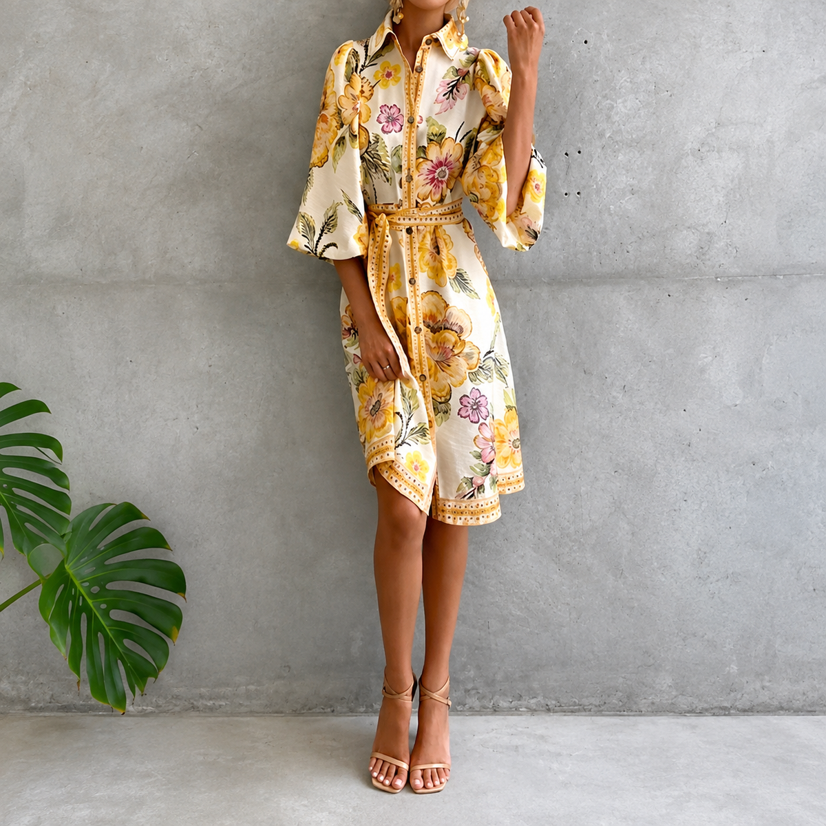 Lantern Sleeve Notched Collar Printed Dress