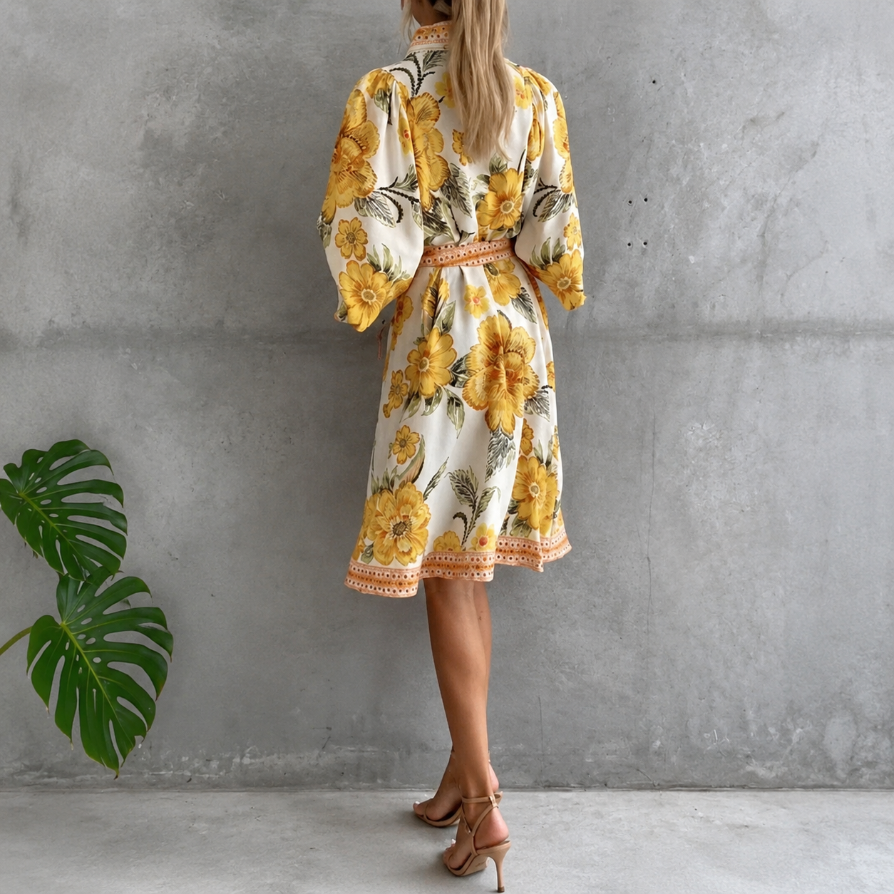 Lantern Sleeve Notched Collar Printed Dress