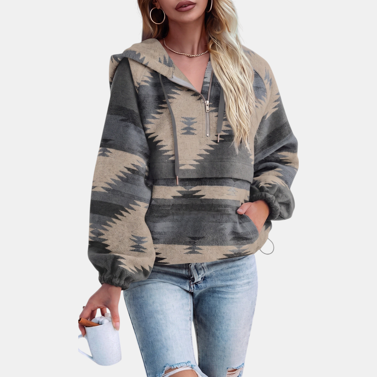 Talia | Oversized Quarter Zip Hoodie with Geometric Print