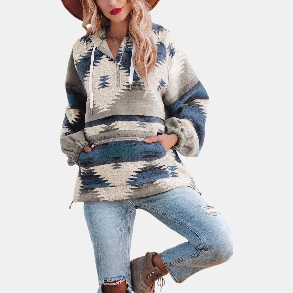 Talia | Oversized Quarter Zip Hoodie with Geometric Print