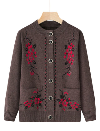 Marisol Embroidered Floral Button Cardigan - Coffee