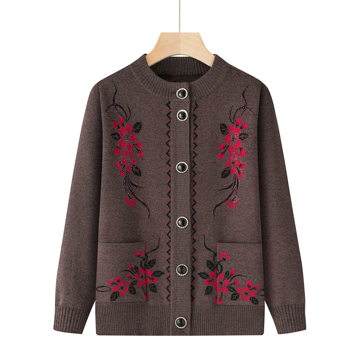Marisol Embroidered Floral Button Cardigan - Coffee