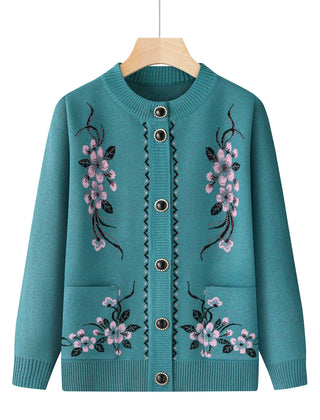 Marisol Embroidered Floral Button Cardigan - Teal Blue