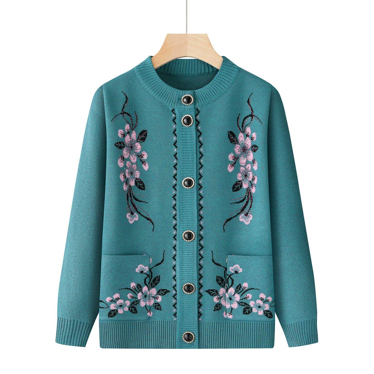 Marisol Embroidered Floral Button Cardigan - Teal Blue