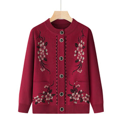Marisol Embroidered Floral Button Cardigan - Wine Red