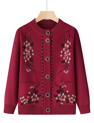 Marisol Embroidered Floral Button Cardigan - Wine Red