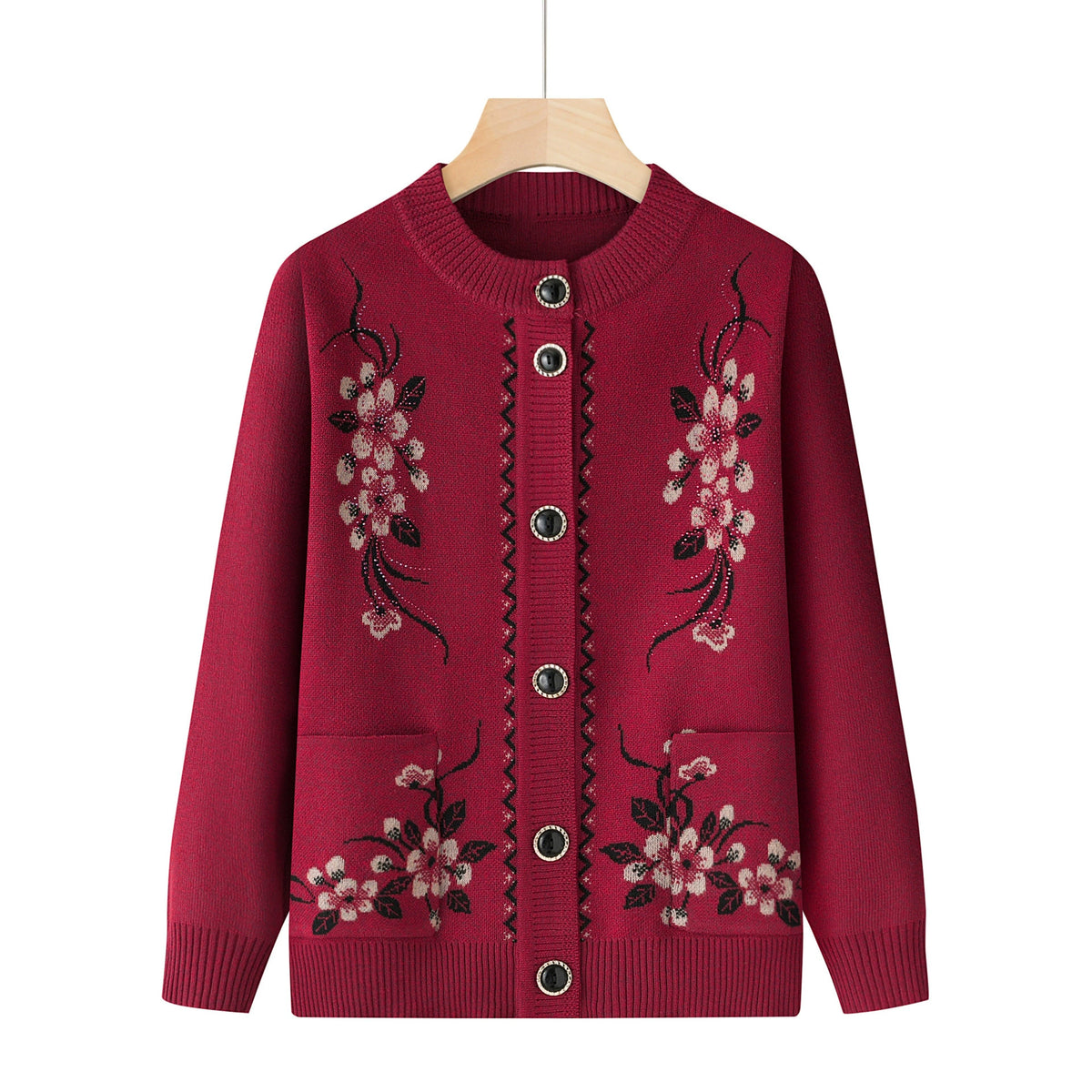 Marisol Embroidered Floral Button Cardigan - Wine Red