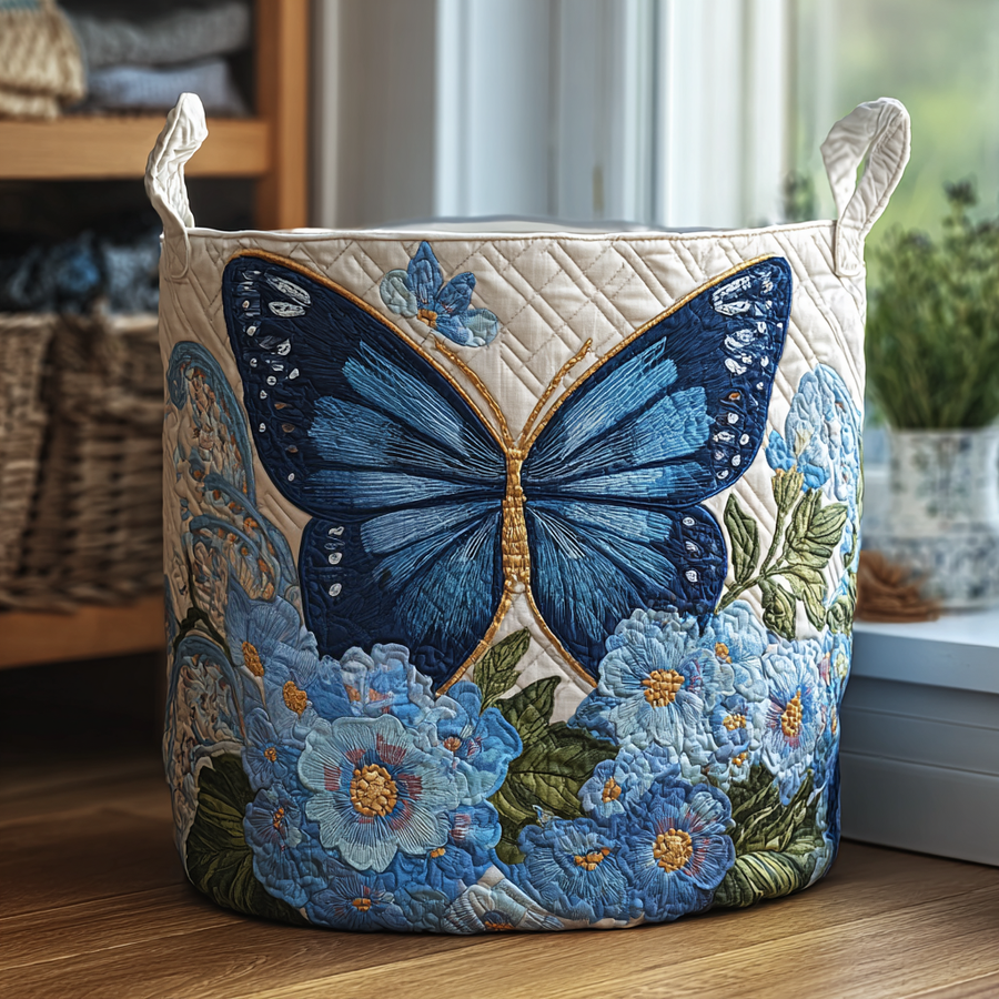 Claudette™ Blue Butterfly Quilted Laundry Basket