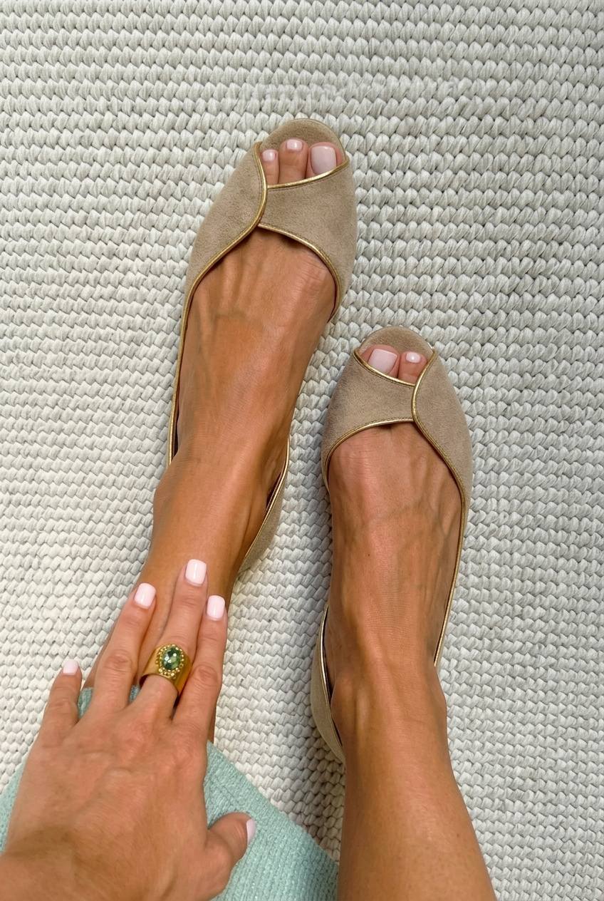 Pene - Beige and Gold Suede Open-Toe Flats