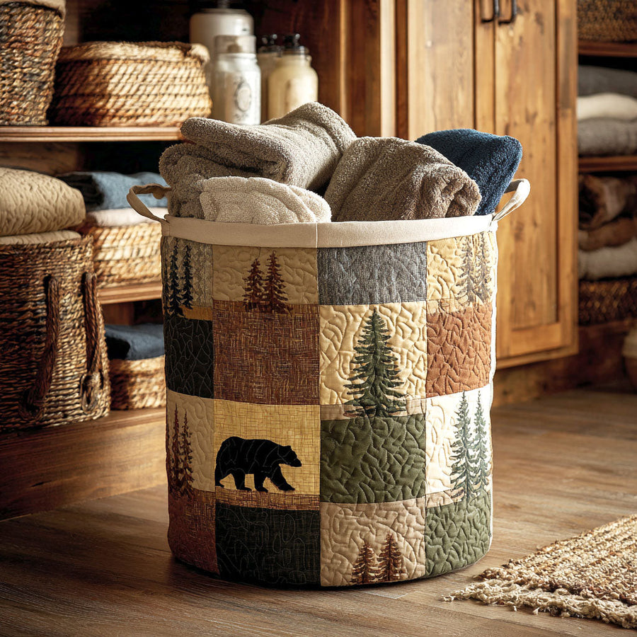 Sharon™ Cabin Bear Quilted Laundry Basket