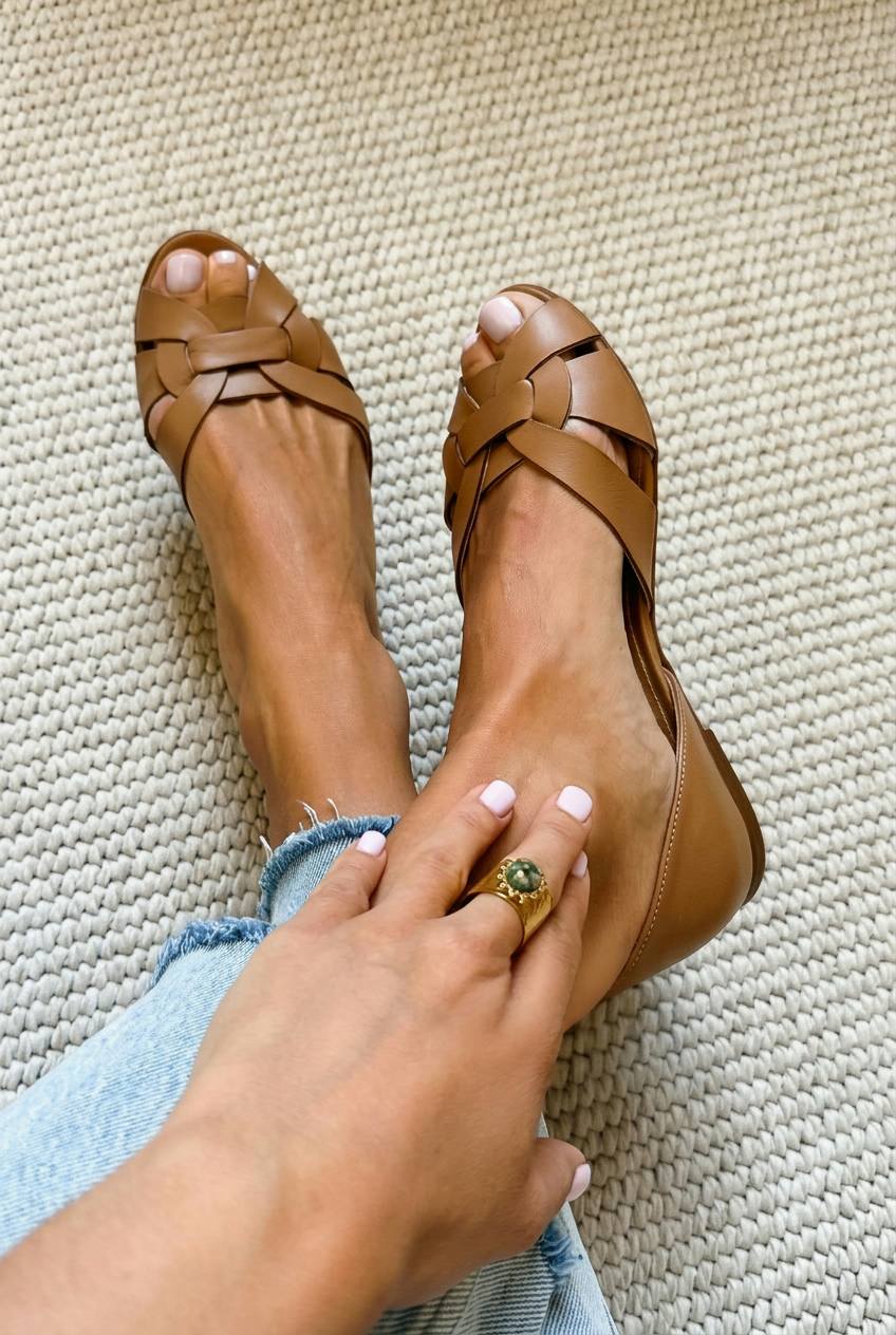 Quen - Woven Faux Leather Peep-Toe Flats