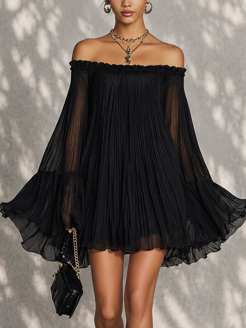 Off-Shoulder Black Ruffle Mini Dress with Bell Sleeves