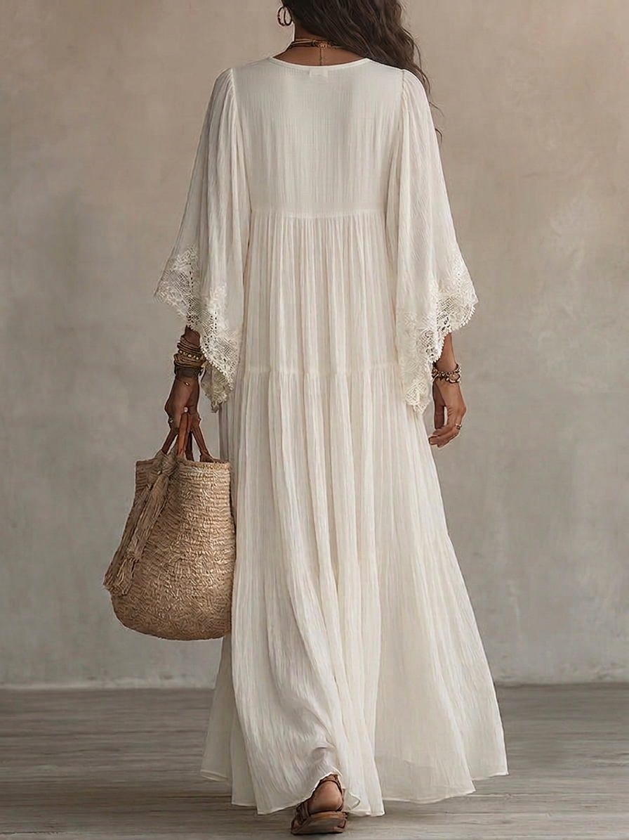 White Lace Bell-Sleeve Chiffon Maxi Dress with V-Neck