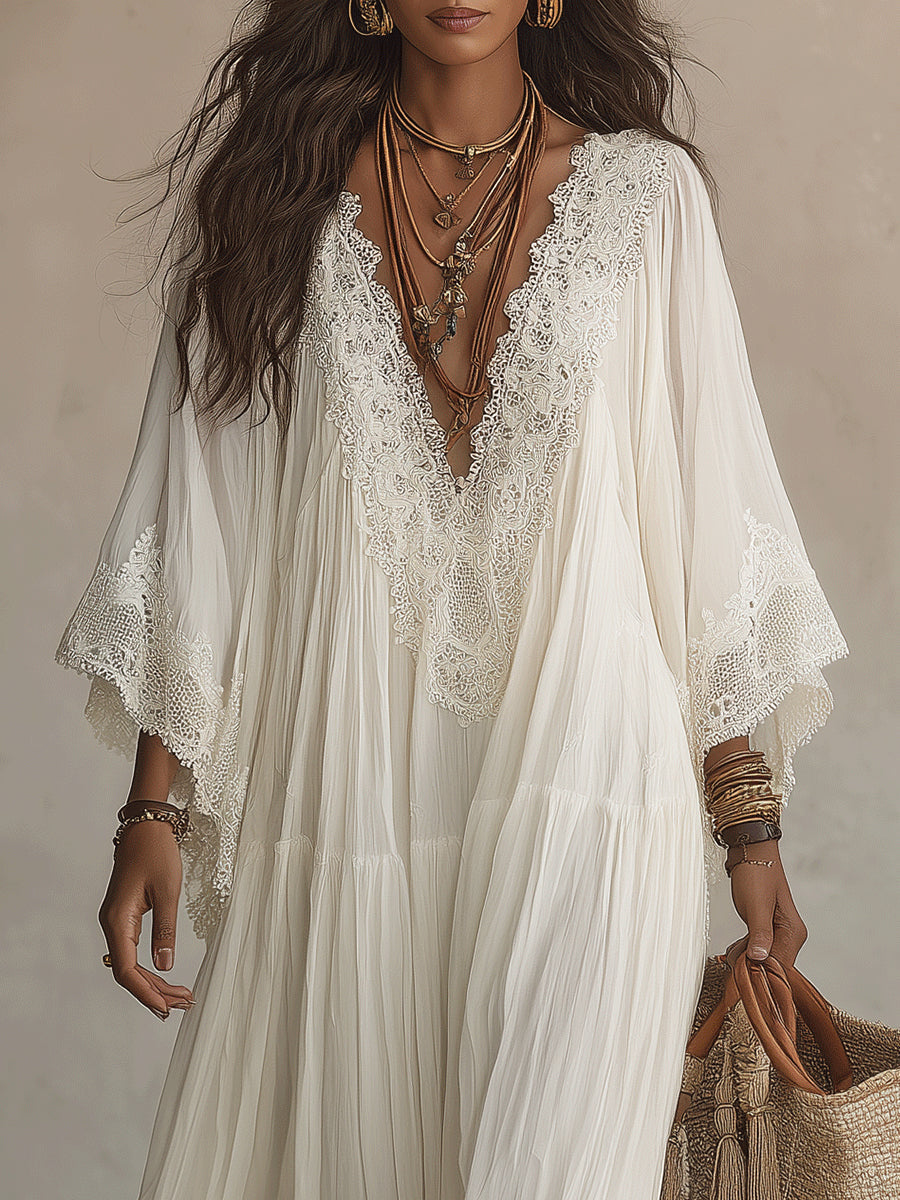 White Lace Bell-Sleeve Chiffon Maxi Dress with V-Neck