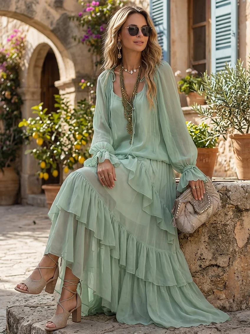 Mint Green Ruffled Chiffon Top with Layered Skirt Set