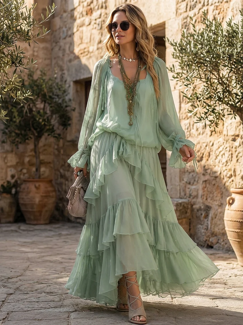 Mint Green Ruffled Chiffon Top with Layered Skirt Set