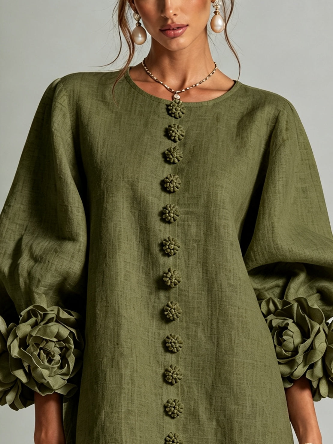 Button-Down Mini Dress in Olive Print with Statement Floral Sleeves