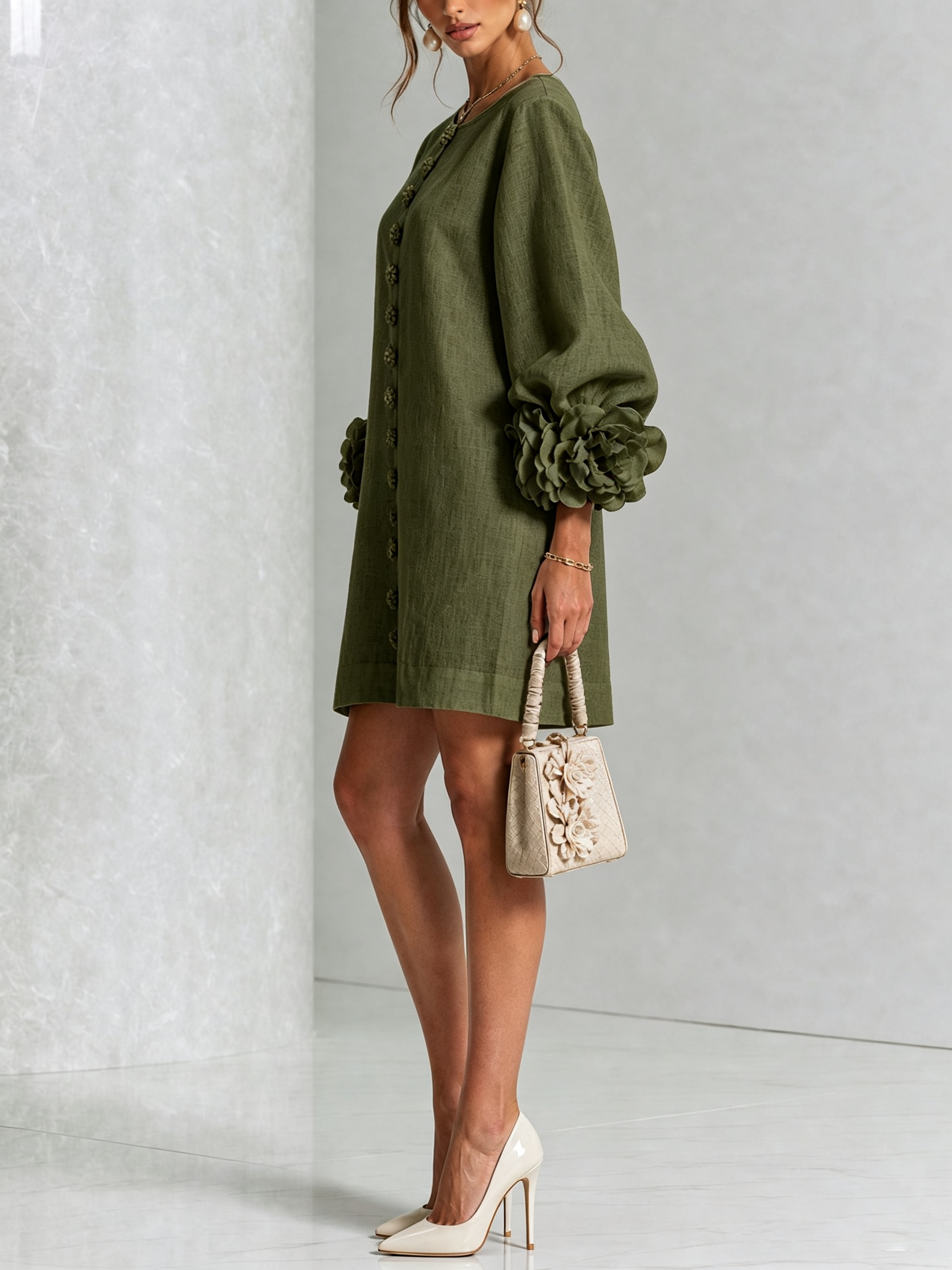 Button-Down Mini Dress in Olive Print with Statement Floral Sleeves
