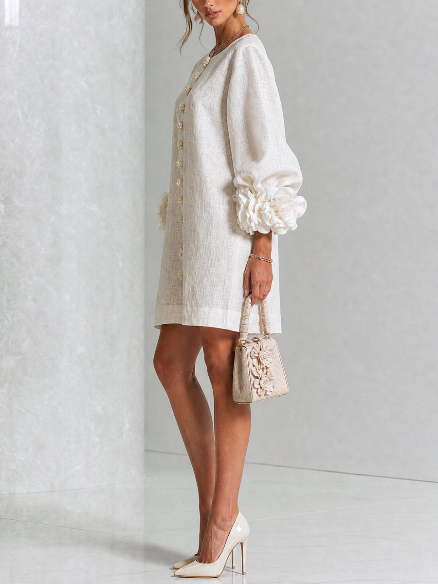 White Floral Mini Dress with Buttons and Statement Floral Sleeves