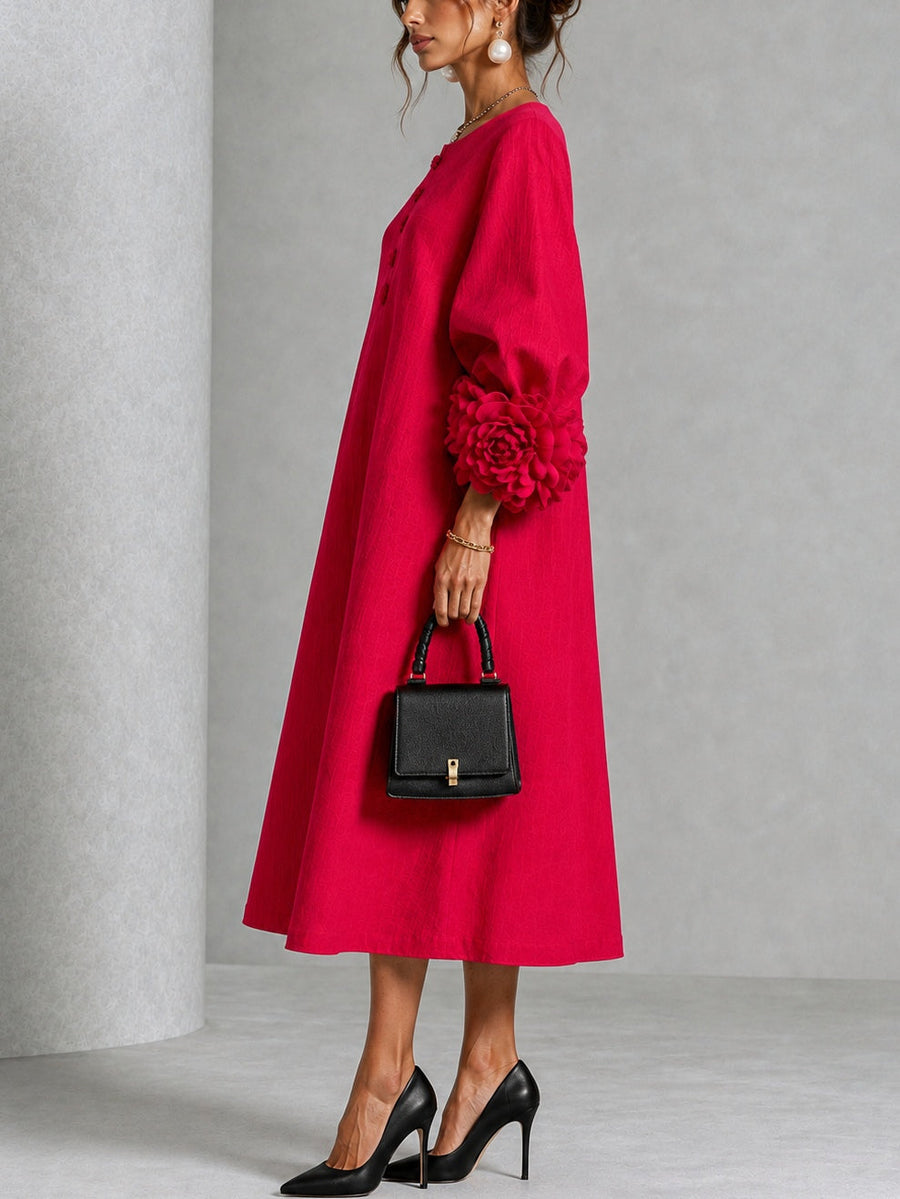 Ruby Red Floral Button-down Midi Dress With Striking Floral Cuffs