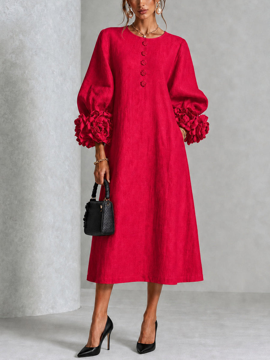 Ruby Red Floral Button-down Midi Dress With Striking Floral Cuffs
