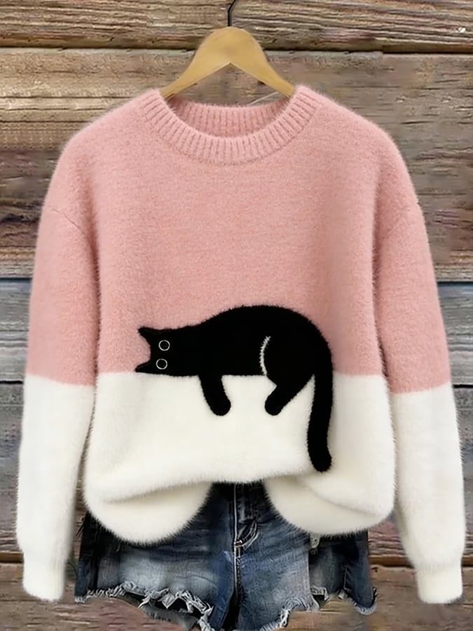 Aileen™ | Elegant Cat Print Oversized Sweater | Light Blue