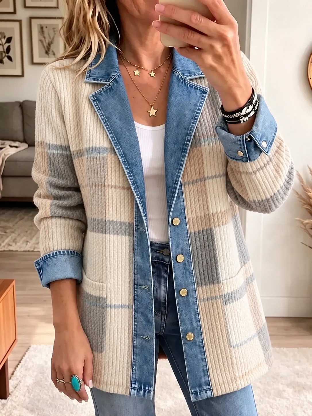 Emma | Vintage Elegant Denim Patchwork Plaid Jacket