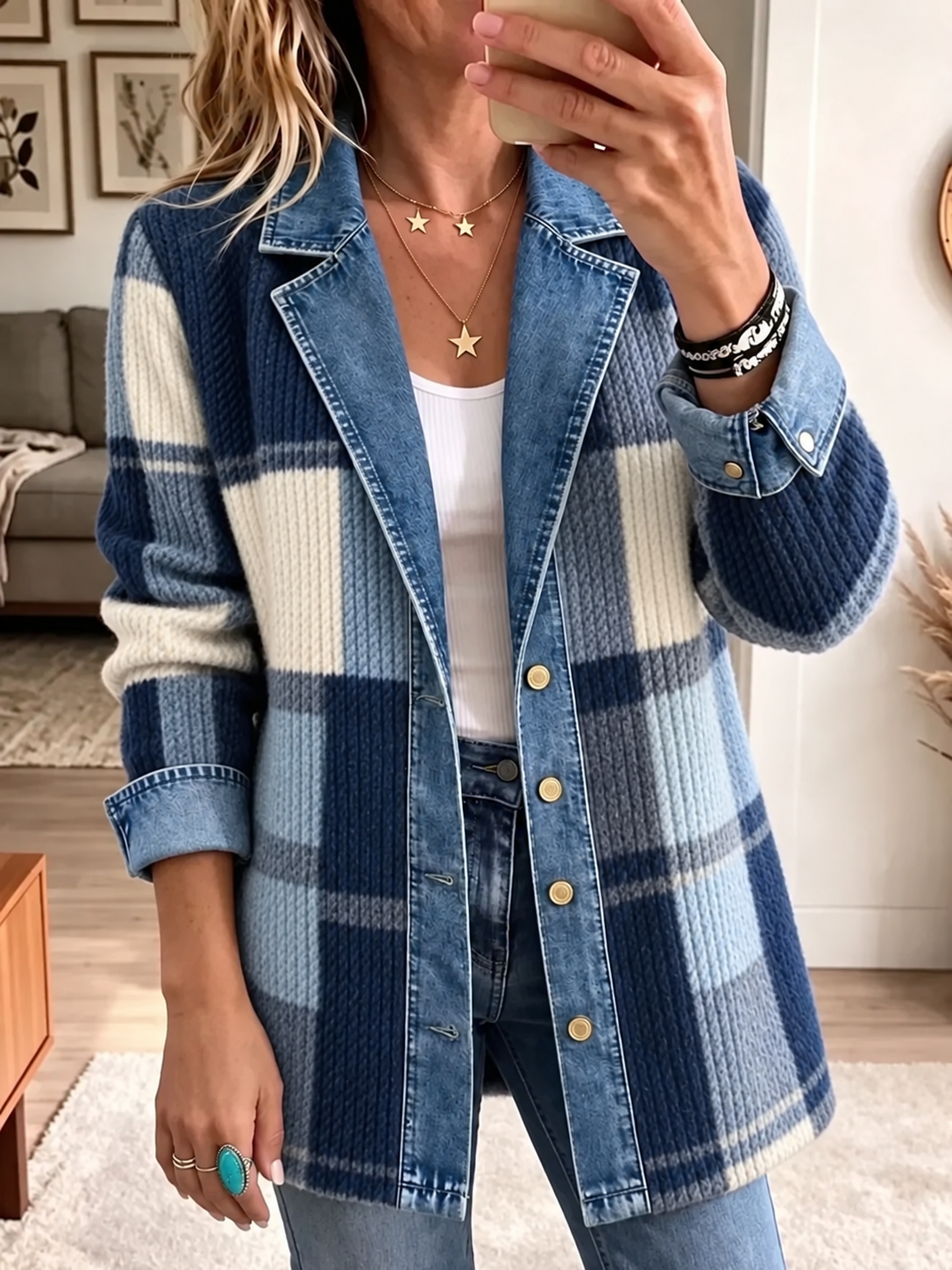 Emma | Vintage Elegant Denim Patchwork Plaid Jacket