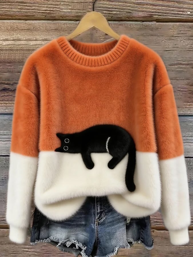 Aileen™ | Elegant Cat Print Oversized Sweater | Orange