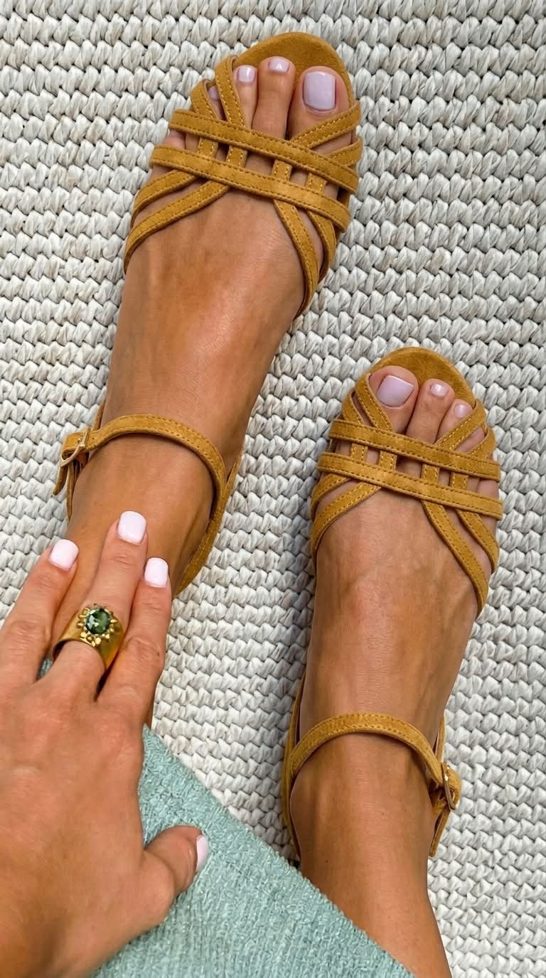 Yeri - Glossy Low Peep-Toe Sandals with T-Strap